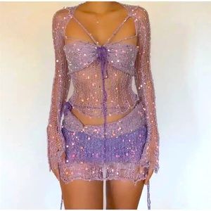 🌴 Sequined Knitted 3 Piece Set Knitted Top and Mini Skirt Great Festivals Beach